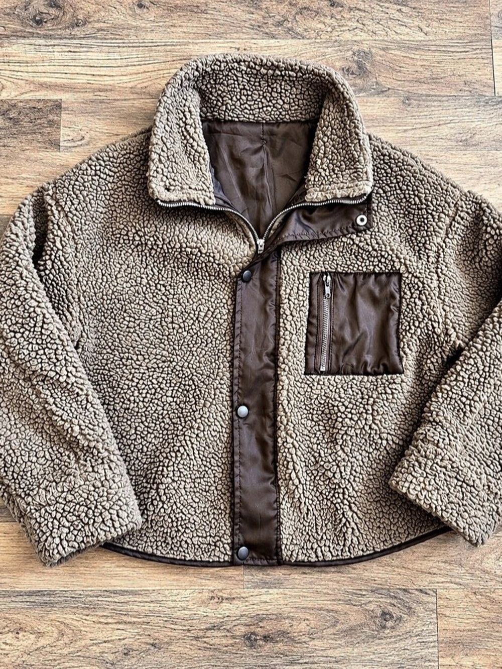 Dazy Women’s Small Brown Teddy Sherpa Fleece Cropped Jacket